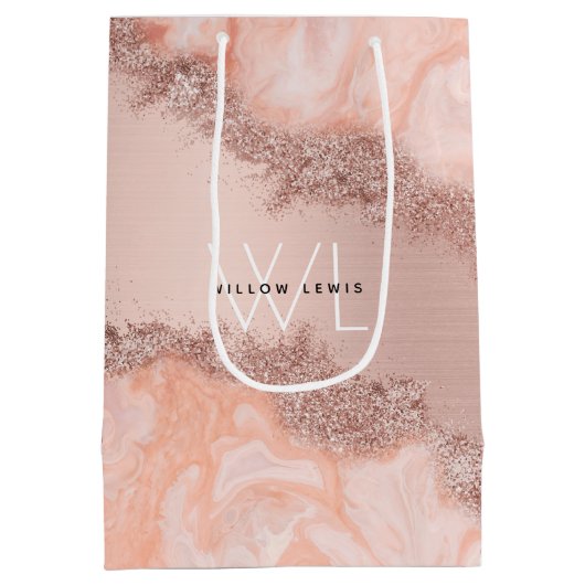 バラ金ゴールド赤面ピンクアゲイトグリッターモノグラム ミディアムペーパーバッグ (裏面)