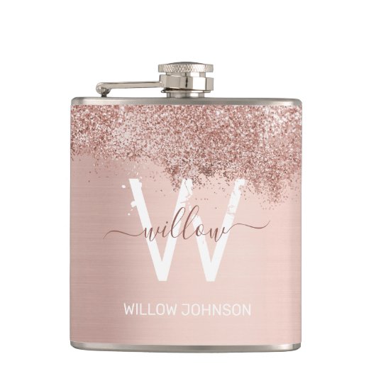 バラ金ゴールド赤面ピンクガーリーグリッターダストモノグラム フラスク (正面)