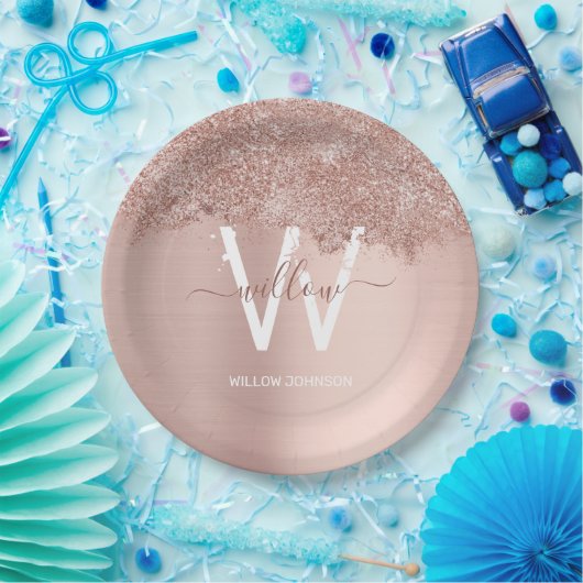 バラ金ゴールド赤面ピンクガーリーグリッターダストモノグラム ペーパープレート (パーティー)