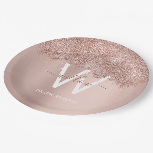 バラ金ゴールド赤面ピンクガーリーグリッターダストモノグラム ペーパープレート (アングル)