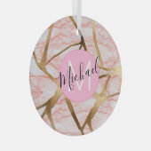 バラ金ゴールド赤面ピンクガーリーグリッターモノグラム名 ガラスオーナメント (正面右)