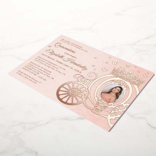 バラ金ゴールド赤面ピンクキンセアニェラプリンセス写真 箔招待状 (回転した状態)