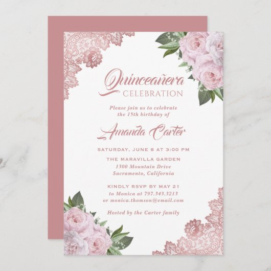 バラ金ゴールド赤面ピンクキンセアニラ15誕生日 招待状 (正面/裏面)