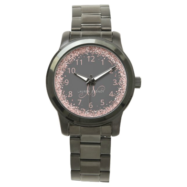 バラ金ゴールド赤面ピンクグリッターグラムモノグラム名 腕時計 (正面)