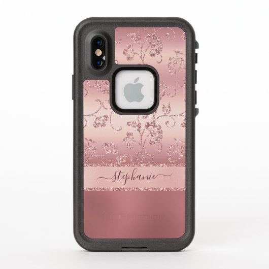 バラ金ゴールド赤面ピンクグリッタースパークルフローラ LifeProof iPhoneケース (裏面)