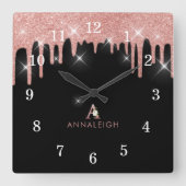 バラ金ゴールド赤面ピンクグリッタードリップフローラモノグラム スクエア壁時計 (正面)