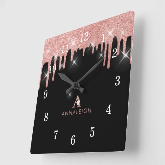 バラ金ゴールド赤面ピンクグリッタードリップフローラモノグラム スクエア壁時計 (傾斜)