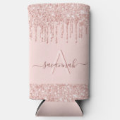バラ金ゴールド赤面ピンクグリッターモノグラム名 スリム缶クーラー (正面)