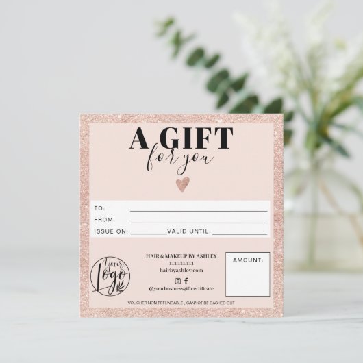 バラ金ゴールド赤面ピンクスクウェアのギフト証明書ロゴ (スタンド正面)