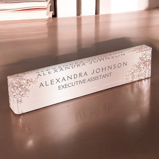 バラ金ゴールド赤面ピンクスパークルグリッター ガーリー デスクネームプレート