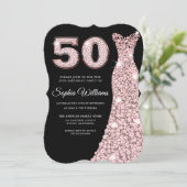 バラ金ゴールド赤面ピンクドレスブラック50誕生日 招待状 (スタンド正面)