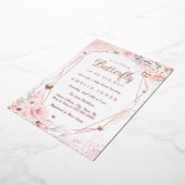 バラ金ゴールド赤面ピンクバタフライフローラベビーシャワー 箔招待状 (回転した状態)