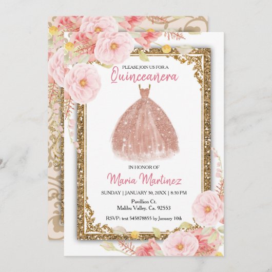 バラ金ゴールド赤面ピンクフラワーズキンセアニェラ 招待状 (正面/裏面)