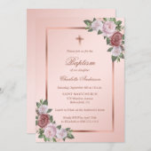 バラ金ゴールド赤面ピンクフローラガールバプテスマ 招待状 (正面/裏面)