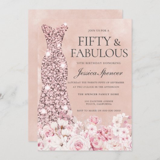 バラ金ゴールド赤面ピンクフローラファブラス50誕生日 招待状 (正面/裏面)