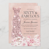 バラ金ゴールド赤面ピンクフローラファブラス60誕生日 招待状 (正面/裏面)