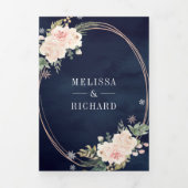バラ金ゴールド赤面ピンクフローラQRコードネイビー結婚ズ 三つ折り招待状 (カバー)