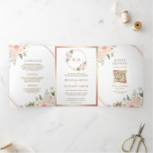 バラ金ゴールド赤面ピンクフローラQRコード結婚s 三つ折り招待状 (内部)