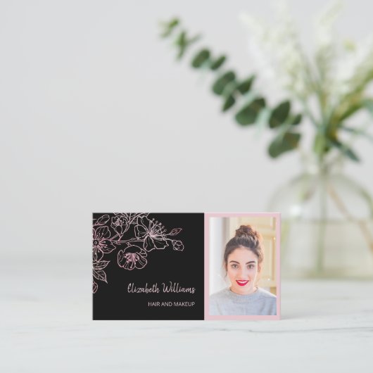 バラ金ゴールド赤面ピンクブラックフローラ | QRコードバス 名刺 (スタンド正面)