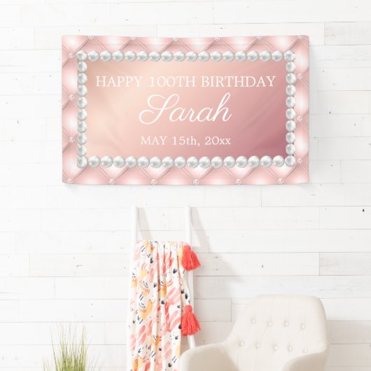 バラ金ゴールド赤面ピンクホワイトパール100誕生日 横断幕 (インサイチュ)