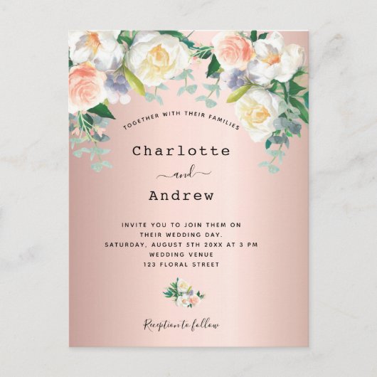 バラ金ゴールド赤面ピンクホワ結婚イト花模様 ポストカード (正面)