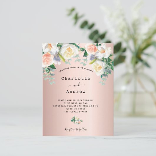 バラ金ゴールド赤面ピンクホワ結婚イト花模様 ポストカード (スタンド正面)