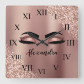 バラ金ゴールド赤面ピンクモノグラムグリッターまつ毛 スクエア壁時計 (正面)