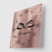 バラ金ゴールド赤面ピンクモノグラムグリッターまつ毛 スクエア壁時計 (傾斜)