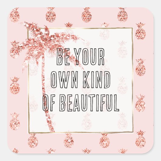 バラ金ゴールド赤面ピンク熱帯グリッターパイナップル スクエアシール (正面)