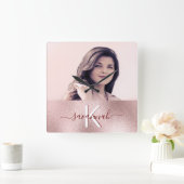 バラ金ゴールド赤面フォトモノグラムミニマルモダンム スクエア壁時計 (ホーム)