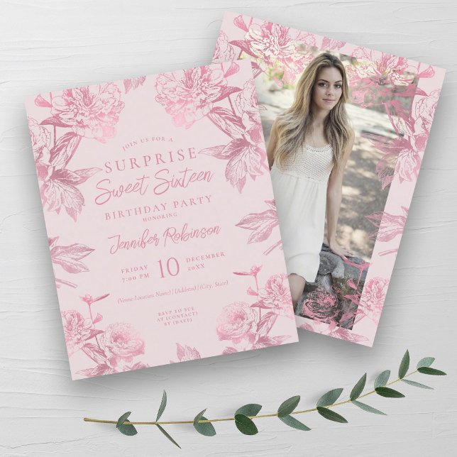 バラ金ゴールド赤面フローラサプライズSweet 16招待状 (Rose Gold Blush Floral SURPRISE Sweet 16 Invite)