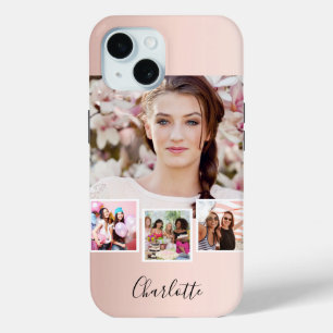 バラ金ゴールド赤面写真コラージュ名 iPhone 15ケース