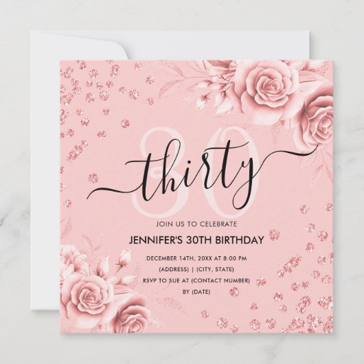 バラ金ゴールド金ゴールドフローラグリッター30th Birthday Script 招待状 (正面)