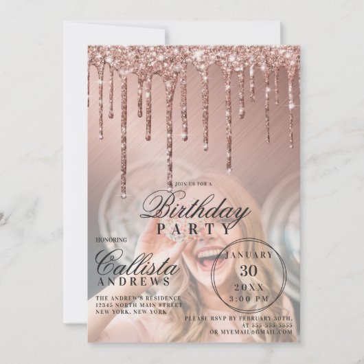 バラ金ゴールド金属グリッター滴下フォト誕生日 招待状 (正面)