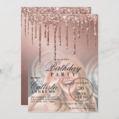 バラ金ゴールド金属グリッター滴下フォト誕生日 招待状 (正面/裏面)