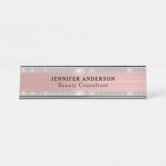 バラ金ゴールド金属及びグリッターダイヤモンド デスクネームプレート (正面)