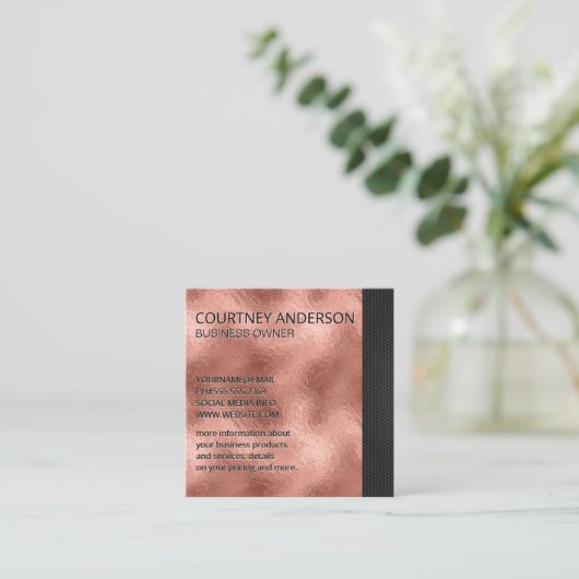 バラ金ゴールド金属箔 |黒いトリム スクエア名刺 (スタンド正面)