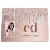 バラ金ゴールド銀グリッタードリップフォトモノグラム ラージペーパーバッグ (正面)