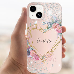 バラ金ゴールド銀グリッターフローラモノグラム名 Case-Mate iPhone 14ケース