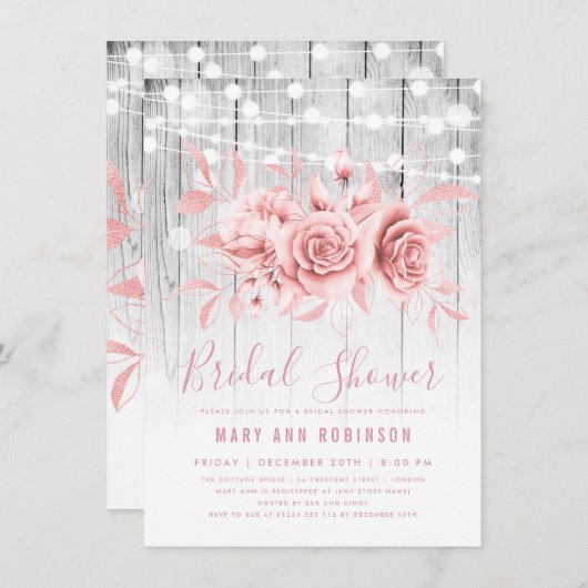 バラ金ゴールド銀フローラブライダルシャワー 招待状 (正面/裏面)