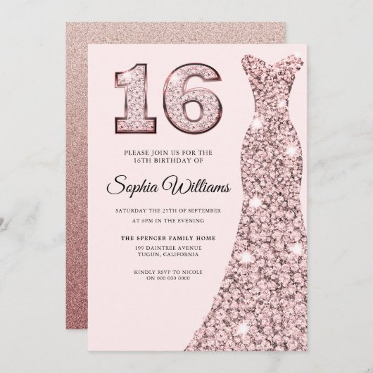 バラ金ゴールド青みがかったドレス16th誕生日スウィート16 招待状 (正面/裏面)