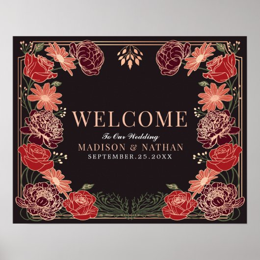 バラ金ゴールド魅惑庭園の結婚式ウェルカムサイン ポスター (正面)