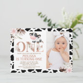 バラ金ゴールド1枚フォトフローラ牛1歳の誕生日 招待状 (スタンド正面)