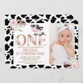 バラ金ゴールド1枚フォトフローラ牛1歳の誕生日 招待状 (正面/裏面)