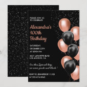 バラ金ゴールド100th birthday invitationバルーンブラック 招待状 (正面/裏面)