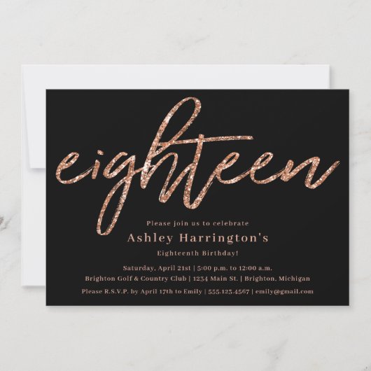 バラ金ゴールド18番目の誕生日招待状とグリッター 招待状 (正面)