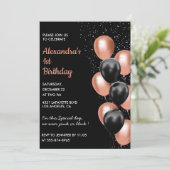 バラ金ゴールド1st誕生日の招待バルーンブラック 招待状 (スタンド正面)