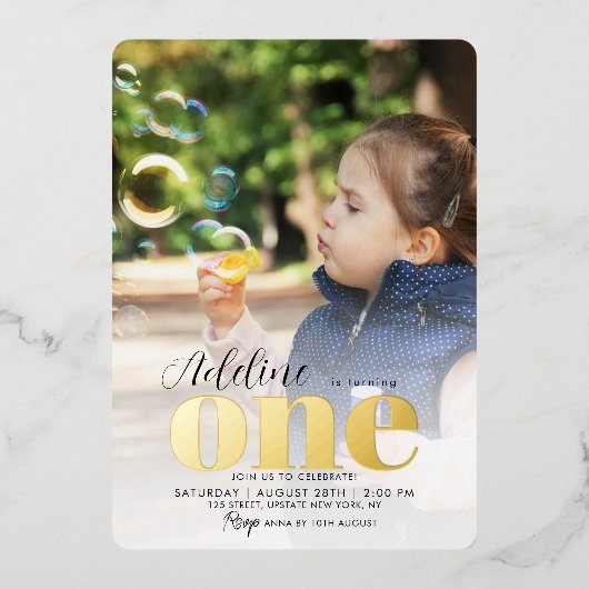 バラ金ゴールド1st誕生日パーティーONE写真 箔招待状 (正面)