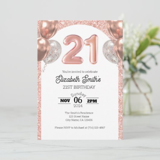 バラ金ゴールド21歳の誕生日招待状テンプレート 招待状 (スタンド正面)