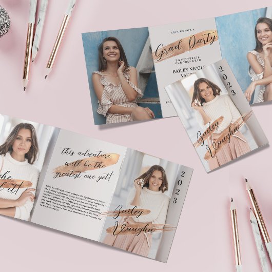 バラ金ゴールド4写真卒業3倍招待状 三つ折りプログラム